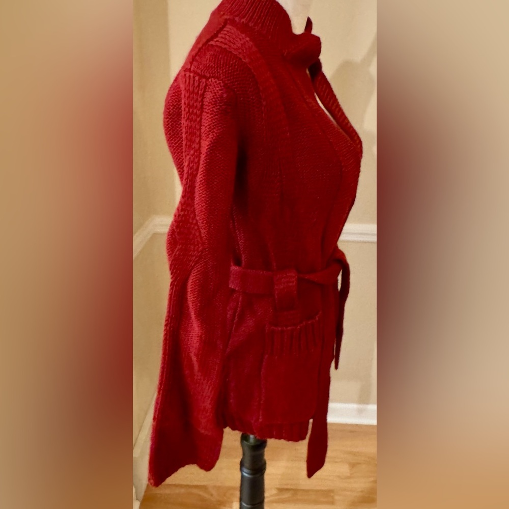 Vintage Macy’s Brick Red 100% Wool Tie Wrap Sweater Cardigan - Picture 9 of 10